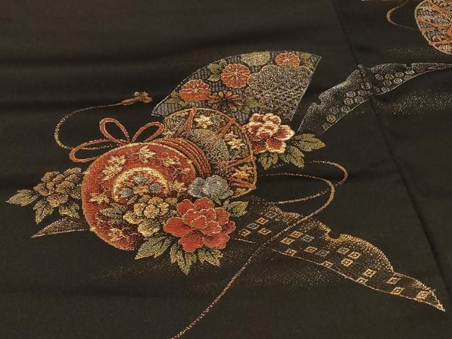 平和屋着物＃羽織　寿光織　地紙鼓花文　黒地　金銀糸　正絹　逸品　未使用　CABF1321in