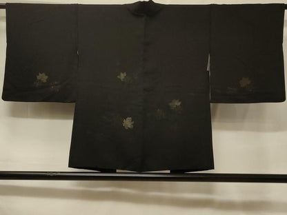 平和屋着物＃羽織　草花文　黒地　金糸　正絹　逸品　CABF1330in