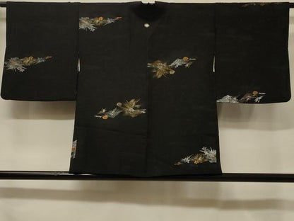 平和屋着物＃羽織　寿光織　霞草花文　黒地　金銀糸　正絹　逸品　CABF1346in