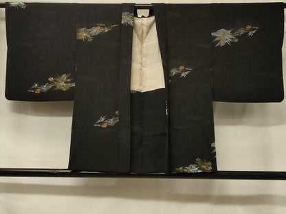 平和屋着物＃羽織　寿光織　霞草花文　黒地　金銀糸　正絹　逸品　CABF1346in