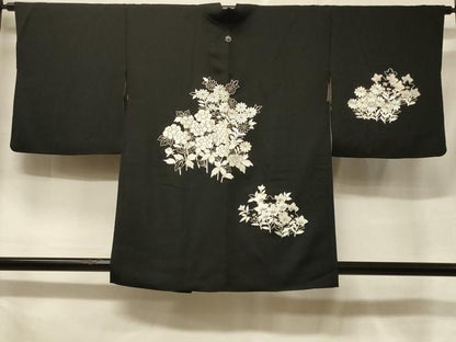 平和屋着物＃羽織　総刺繍　草花文　黒地　正絹　逸品　CABF1354in
