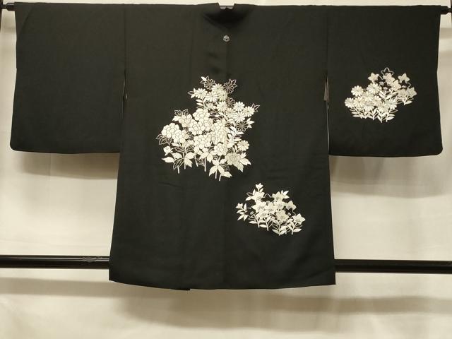 平和屋着物＃羽織　総刺繍　草花文　黒地　正絹　逸品　CABF1354in