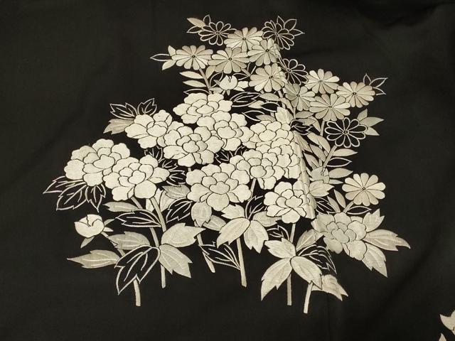 平和屋着物＃羽織　総刺繍　草花文　黒地　正絹　逸品　CABF1354in