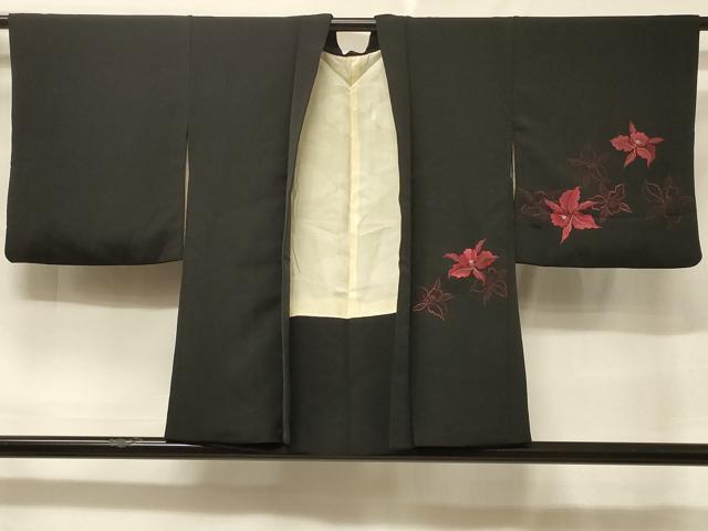 平和屋着物＃羽織　総刺繍　花づくし　黒地　銀糸　正絹　逸品　CABF1358in