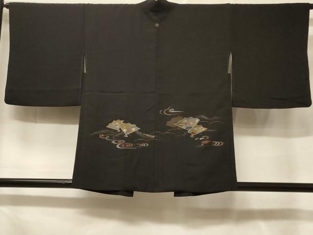 平和屋着物＃羽織　寿光織　流水扇面花文　黒地　金銀糸　正絹　逸品　CABF1359in