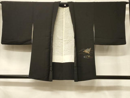 平和屋着物＃羽織　寿光織　流水扇面花文　黒地　金銀糸　正絹　逸品　CABF1359in