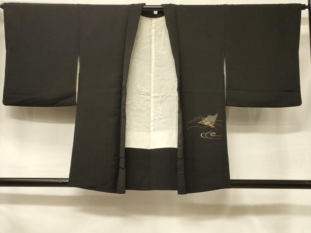 平和屋着物＃羽織　寿光織　流水扇面花文　黒地　金銀糸　正絹　逸品　CABF1359in