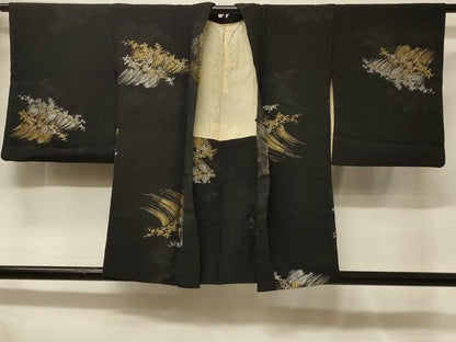 平和屋着物＃羽織　寿光織　立波文　黒地　金銀糸　正絹　逸品　CABF1365in