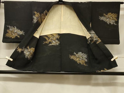 平和屋着物＃羽織　寿光織　立波文　黒地　金銀糸　正絹　逸品　CABF1365in