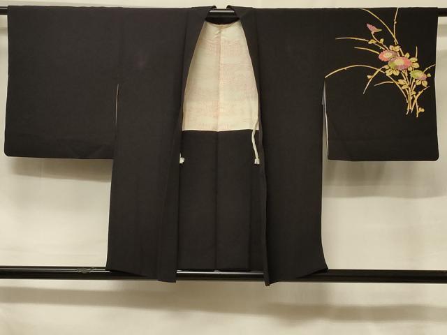 平和屋着物＃羽織　草花文　黒地　正絹　逸品　CABF1367in