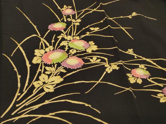 平和屋着物＃羽織　草花文　黒地　正絹　逸品　CABF1367in