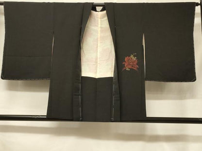 平和屋着物＃羽織　寿光織　草花文　黒地　金銀糸　正絹　逸品　未使用　CABF1369in