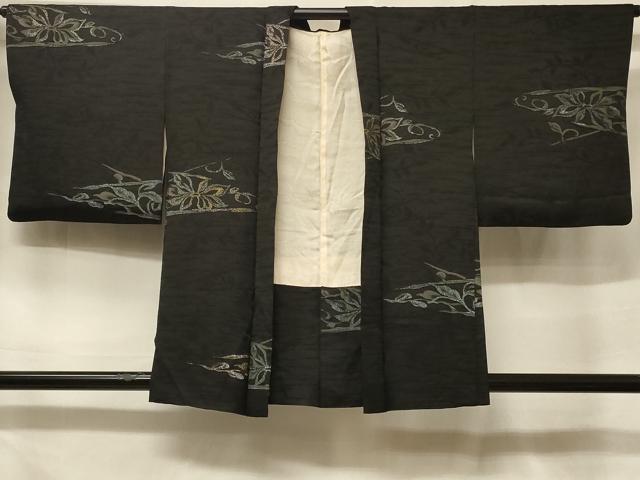 平和屋着物＃羽織　寿光織　草花文　黒地　金銀糸　正絹　逸品　CABF1371in