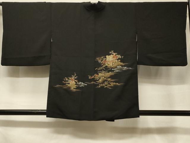 平和屋着物＃羽織　寿光織　御所車花文　黒地　金銀糸　正絹　逸品　CABF1387in