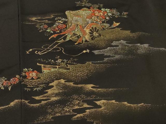 平和屋着物＃羽織　寿光織　御所車花文　黒地　金銀糸　正絹　逸品　CABF1387in