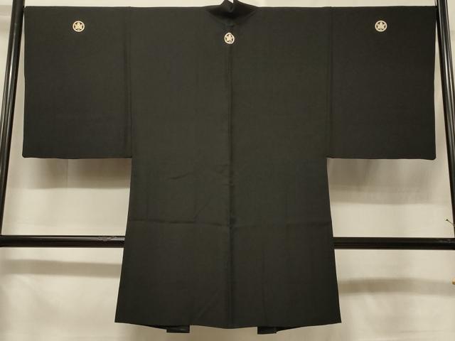 平和屋着物＃男性　長羽織　黒紋付き　羽裏：硬貨　正絹　逸品　CABF1403in