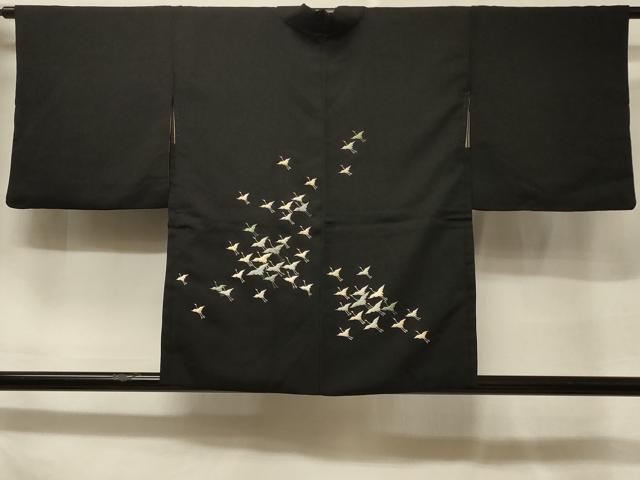 平和屋着物＃羽織　総刺繍　飛鶴文　黒地　正絹　逸品　CABF1408in