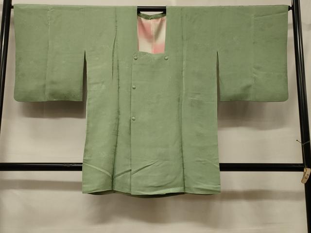 平和屋着物＃道行コート　色無地　風景草花地紋　若葉色　正絹　逸品　CABF1416in