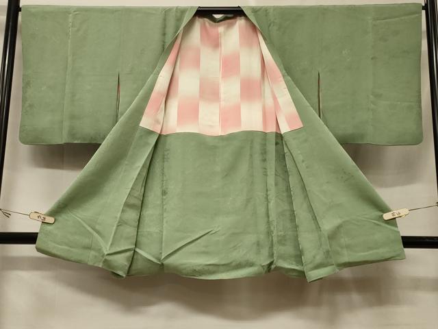 平和屋着物＃道行コート　色無地　風景草花地紋　若葉色　正絹　逸品　CABF1416in