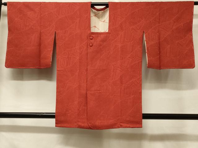 平和屋着物＃道行コート　色無地　幾何学地紋　赤丹色　正絹　逸品　CABF1427in