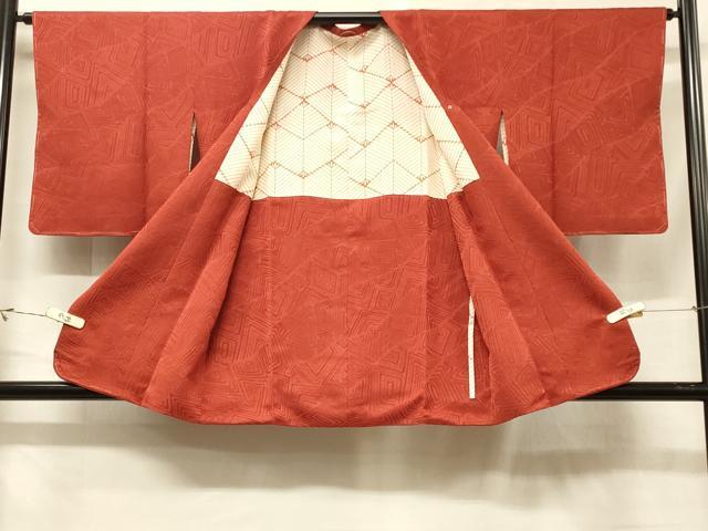 平和屋着物＃道行コート　色無地　幾何学地紋　赤丹色　正絹　逸品　CABF1427in