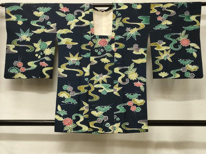 平和屋着物＃道行コート　型染め　流水草花文　正絹　逸品　CABF1438in