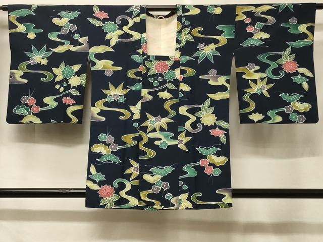 平和屋着物＃道行コート　型染め　流水草花文　正絹　逸品　CABF1438in