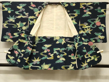 平和屋着物＃道行コート　型染め　流水草花文　正絹　逸品　CABF1438in