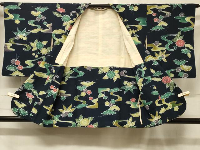 平和屋着物＃道行コート　型染め　流水草花文　正絹　逸品　CABF1438in
