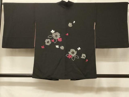 平和屋着物＃羽織　刺繍　草花文　黒地　金糸　正絹　逸品　CABF1444in