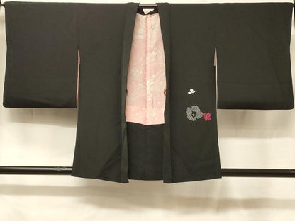 平和屋着物＃羽織　刺繍　草花文　黒地　金糸　正絹　逸品　CABF1444in
