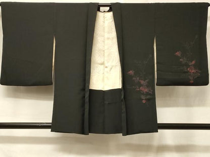平和屋着物＃羽織　寿光織　バラ　薔薇　黒地　正絹　逸品　CABF1449in