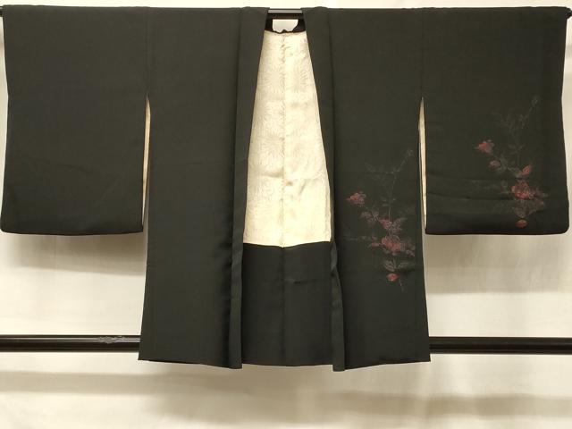 平和屋着物＃羽織　寿光織　バラ　薔薇　黒地　正絹　逸品　CABF1449in