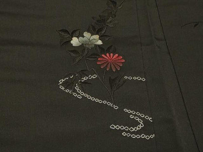 平和屋着物＃羽織　絞り　刺繍　流水草花文　黒地　銀糸　正絹　逸品　CABF1450in