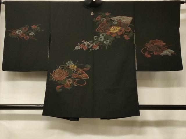 平和屋着物＃羽織　寿光織　檜扇草花文　黒地　金銀糸　正絹　逸品　CABF1457in