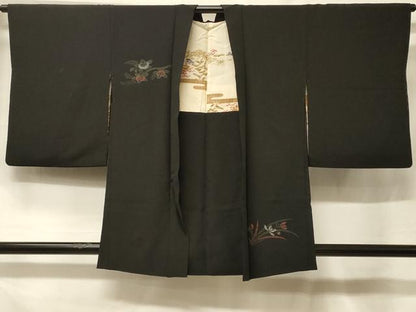 平和屋着物＃羽織　寿光織　檜扇草花文　黒地　金銀糸　正絹　逸品　CABF1457in