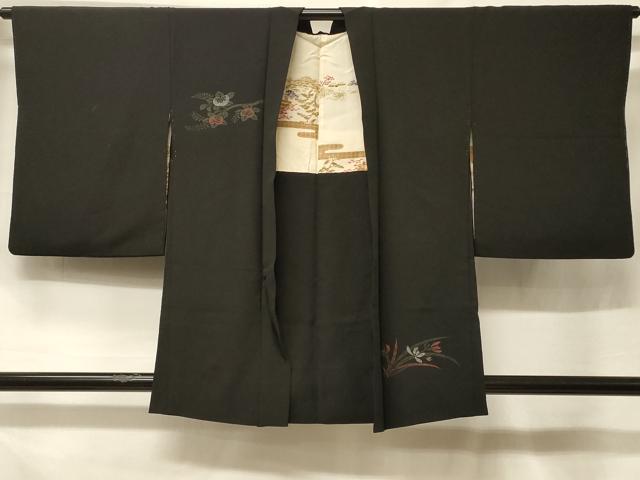 平和屋着物＃羽織　寿光織　檜扇草花文　黒地　金銀糸　正絹　逸品　CABF1457in