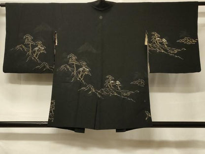 平和屋着物＃羽織　寿光織　枝松文　黒地　金銀糸　正絹　逸品　CABF1462in