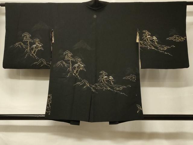平和屋着物＃羽織　寿光織　枝松文　黒地　金銀糸　正絹　逸品　CABF1462in