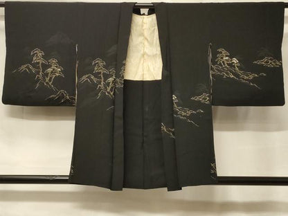 平和屋着物＃羽織　寿光織　枝松文　黒地　金銀糸　正絹　逸品　CABF1462in