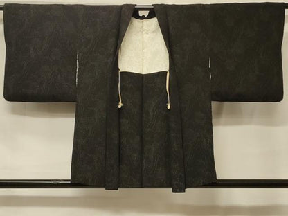 平和屋着物＃羽織　寿光織　舞葉文　黒地　銀糸　正絹　逸品　CABF1463in