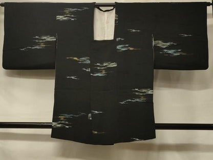 平和屋着物＃道行コート　寿光織　霞文　黒地　金銀糸　正絹　逸品　CABF1471in