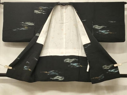平和屋着物＃道行コート　寿光織　霞文　黒地　金銀糸　正絹　逸品　CABF1471in