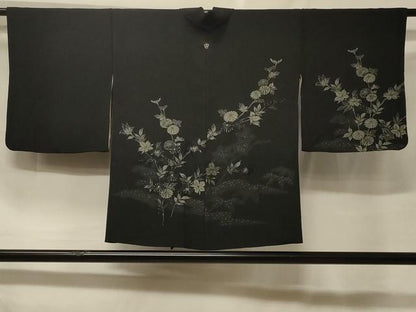 平和屋着物＃羽織　寿光織　枝花文　黒地　銀糸　正絹　逸品　CABF1476in