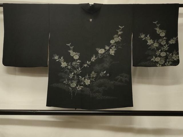 平和屋着物＃羽織　寿光織　枝花文　黒地　銀糸　正絹　逸品　CABF1476in