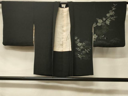 平和屋着物＃羽織　寿光織　枝花文　黒地　銀糸　正絹　逸品　CABF1476in