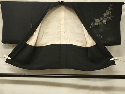 平和屋着物＃羽織　寿光織　枝花文　黒地　銀糸　正絹　逸品　CABF1476in