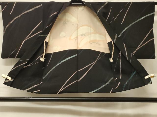 平和屋着物＃羽織　寿光織　幾何学文様　黒地　正絹　逸品　CABF1492in