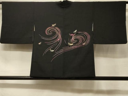 平和屋着物＃羽織　総刺繍　舞菊文　黒地　銀糸　正絹　逸品　CABF1495in