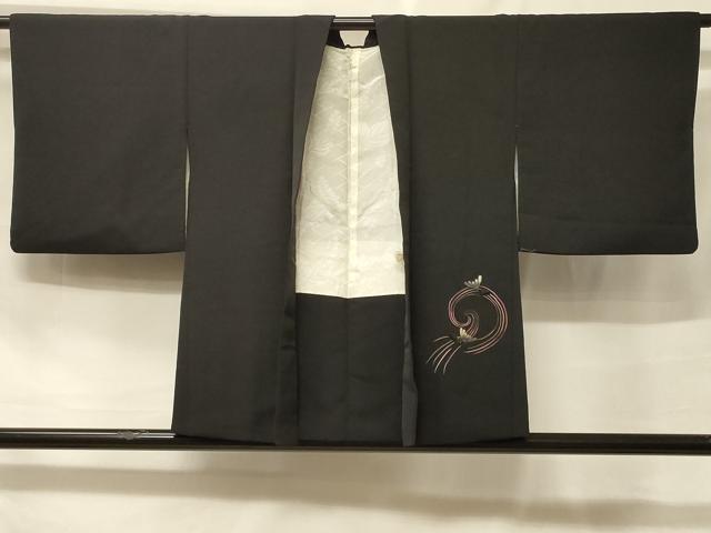 平和屋着物＃羽織　総刺繍　舞菊文　黒地　銀糸　正絹　逸品　CABF1495in